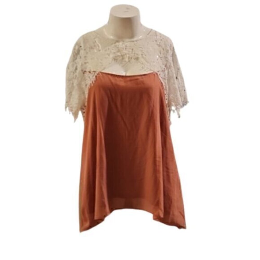 Rust Orange Knit Tank with Ivory Lace Overlay Top